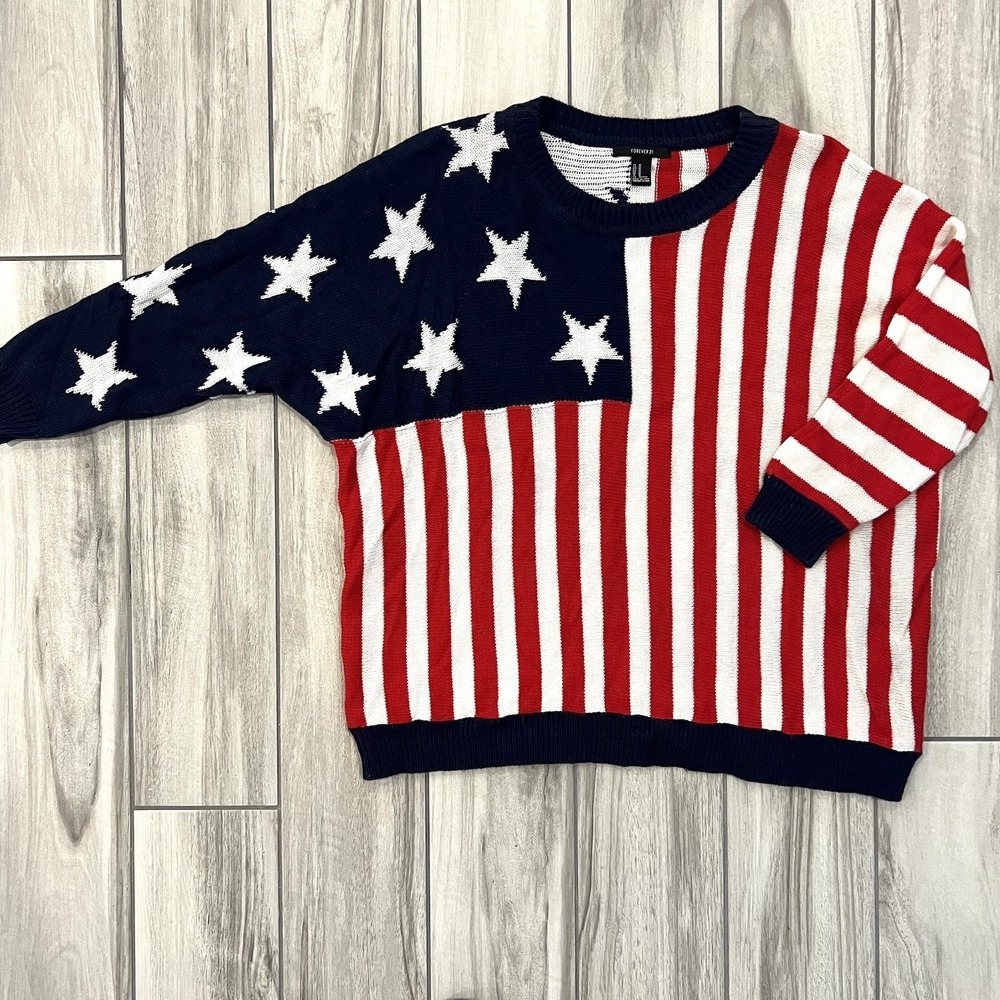 Forever 21 American Flag Sweater Womens M Red White Blue Excellent Stars Stripes